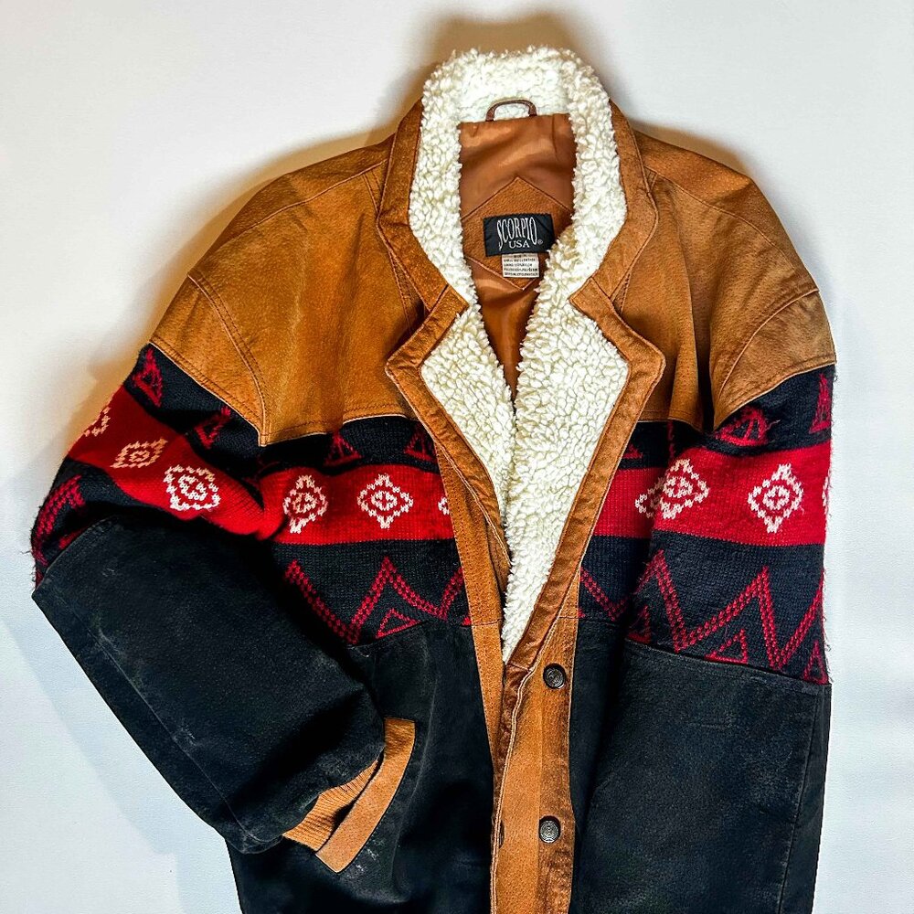 Scorpio Navajo Southwestern Bomber Sherpa Leather Jacket Size M